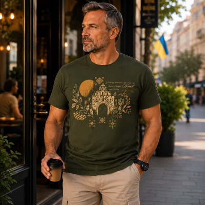 T-shirt z nadrukiem Pavlychko m.535 khaki wiskoza TM Jarosław